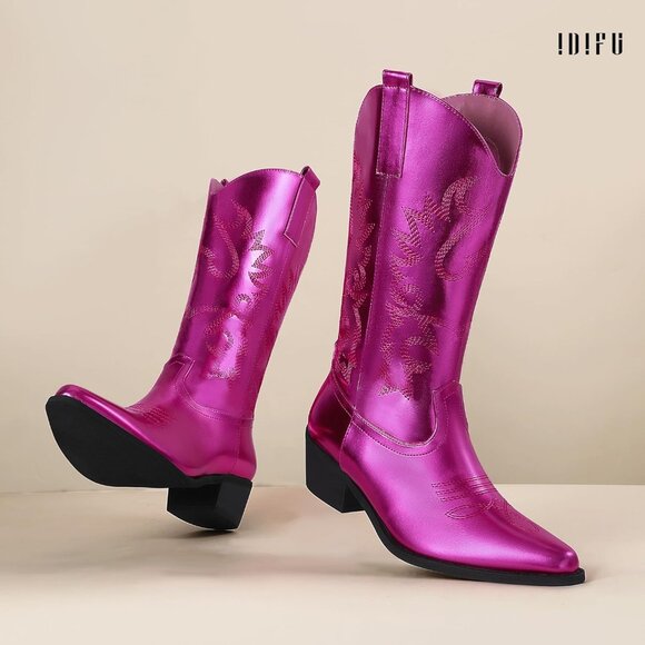 Women Hot Pink Manmade Material Mid Calf Embroidered Low Heel Pointed Toe Boots - Picture 5 of 6